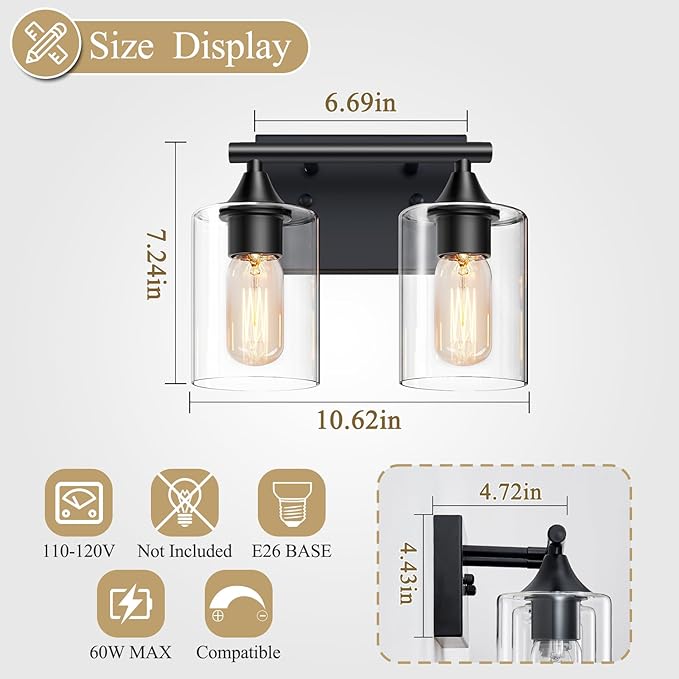 Vanity Lighting Fixtures,2-Light Bathroom Lights Over Mirror,Modern Sconces Wall Lighting with Clear Glass Shade,Light Fixture for Bathroom Bedroom Living Room Vanity Table Hallway