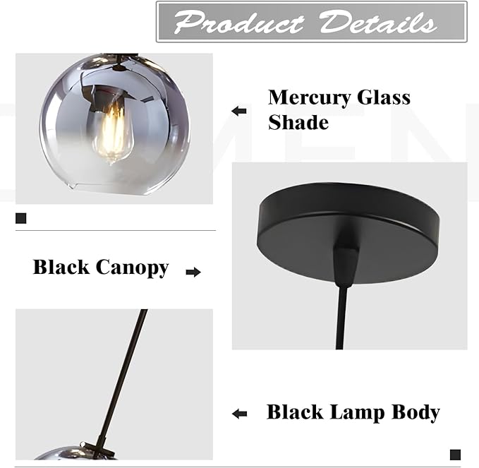 KCO Lighting Modern Black Globe Pendant Light Mercury Glass Ceiling Pendant Light Mid Century Silver Kitchen Pendant Lighting Over Island Dining Room Light Fixtures Over Table