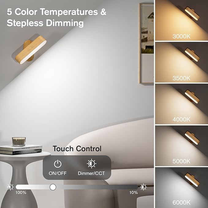 Hensam Battery Operated Wall Sconces, Wireless LED Wall Sconce Set of Two for Bedroom, Rechargeable Wall Lights for Picture, 5 Modes Dimmable Wall Lamps for Living Room, 2 Pack