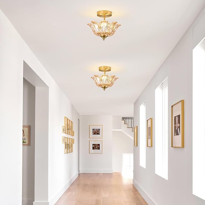 Semi Flush Mount Ceiling Light, Gold Vintage Light fixtures with Floral Amber Glass Shade, Modern Close-to-Ceiling Lighting for Bedroom Kitchen Living Room Hallway