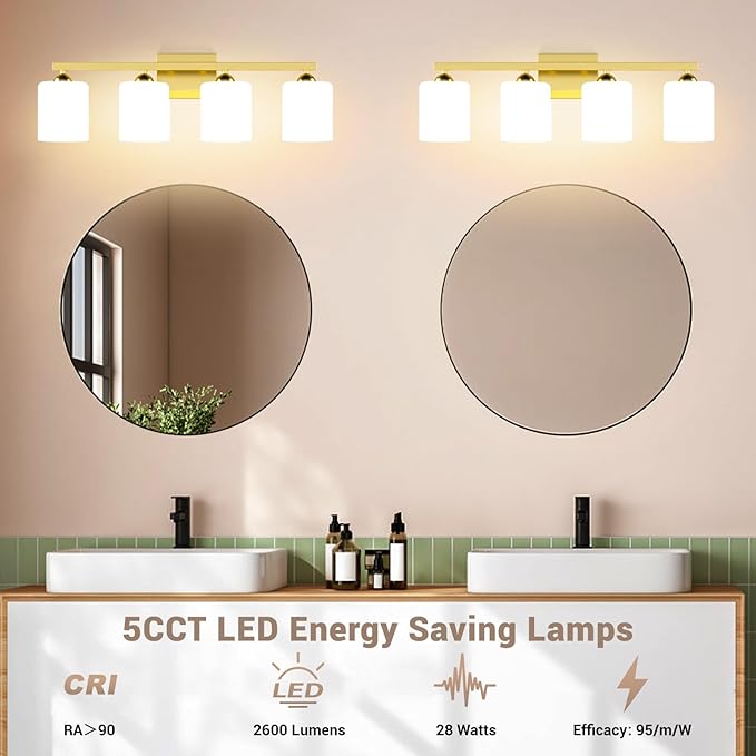 Quntis Gold Bathroom Light Fixtures 5 Colors Adjustable, 4-Light LED Bathroom Vanity Lighting with Milky White Frosted Glass Shade, Energy-Saving Light Over Mirror 28.3 inch