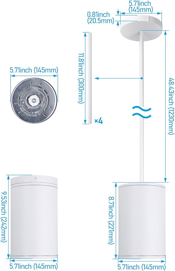 LEONLITE 5CCT 6 Inch LED Tube Architectural Pendant Downlight, Stem Mount & Surface Mount Available, 120-277V, CRI90 Dimmable Commercial Cylinder Pendant Light, 3-Wattage Selectable, White, Pack of 2