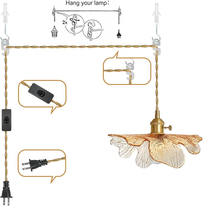 2 Pack Pendant Lights 15ft Hanging Light with Plug in Cord Mid Century Modern Pendant Light Fixtures Hand Blown Amber Glass Pendant Light Plug in Hanging lamp for Kitchen Living Dining Room