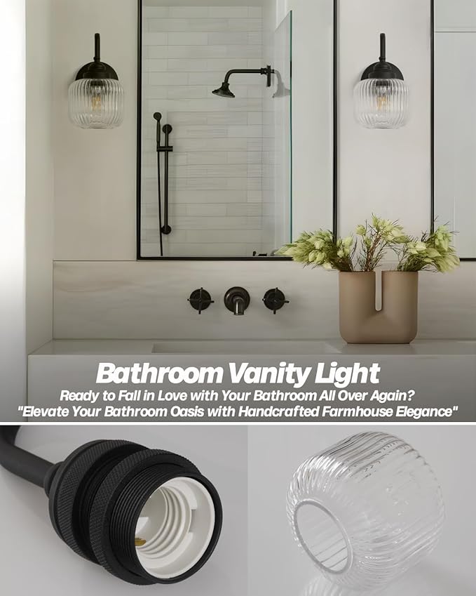 Vintage Industrial Wall Sconce Lighting with Clear Striped Glass Shade, Hardwired Wall Vanity Light Fixture for Bathroom Kitchen Living Room Bedroom Hallway