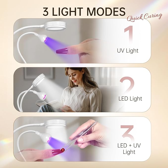 AORAEM LED Nail Lamp Double-Headed UV LED Light Quicky-Dry Duck Neck Lamp Dryer Curing Light with Portable Gooseneck and Clamp Flash Cure UV Light for Gel Nails Professional Home DIY Salon White