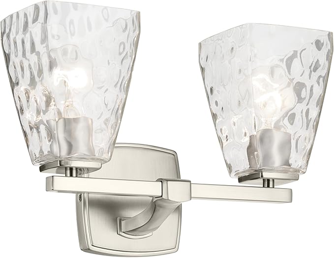 Kichler Marant 2-Light Bathroom Vanity Light Fixture with Clear Water Glass in Brushed Nickel, Modern Wall Mount Light for Bathroom Over Mirror (14.25 in x 9.5 in), 55215NIWTR