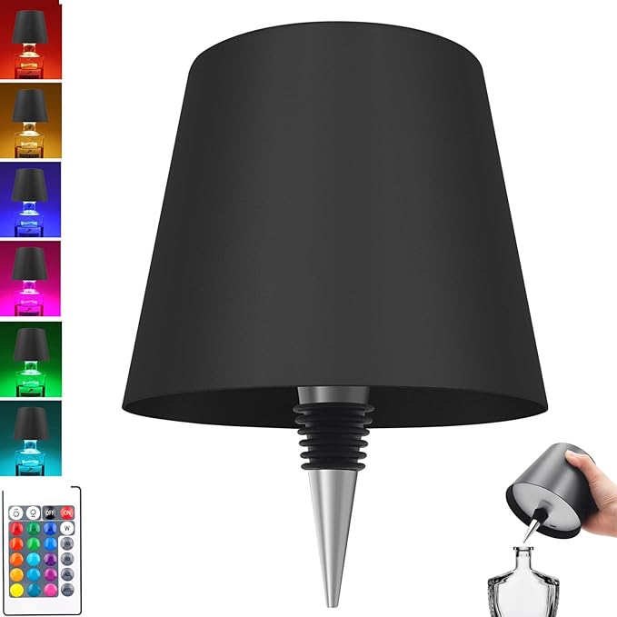 Wireless Bottle Lamp with Remote Control, Rechargeable RGB Wine Bottle with 3Modes Light Dimming, Waterproof Touch Lamp Head for Room, Bar, Restaurant and Party Decorations(Black RGB)