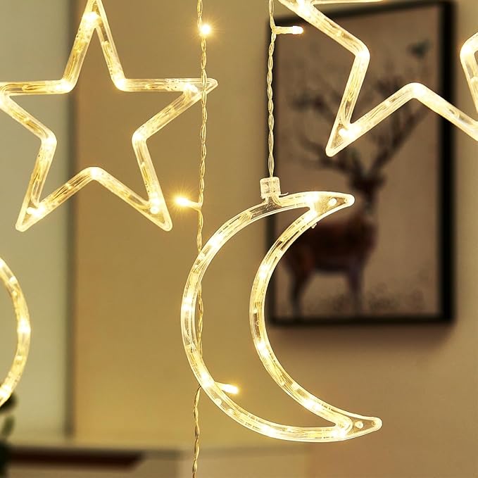 138 Led Curtain String Light Star Moon Icicle Light with 8 Lighting Modes with Timer Remote USB Operated Dimmable Fairy String for Window Wall Home Decoration