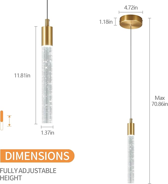 Modern Kitchen Island Pendant Light Dimmable LED Gold Brass Finish Mini Crystal Pendant Lighting Bedroom Bedside Table Small Pendant Lights（3-Pack）