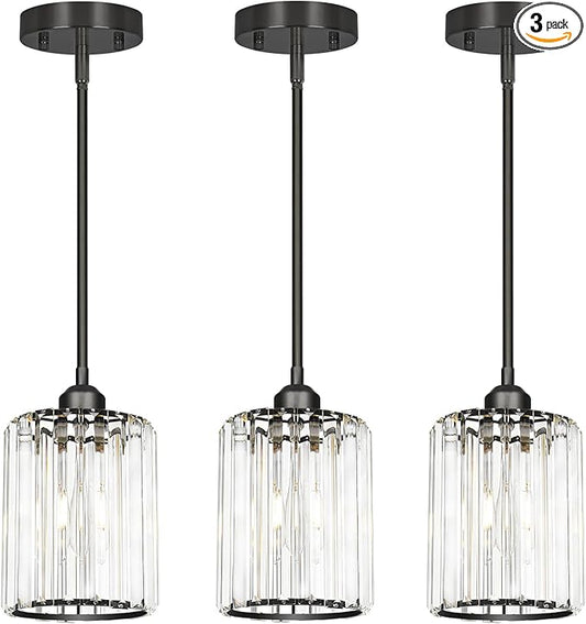 Lxybcce Black Kitchen Pendant Lights Over Island with Adjustable Rods - Crystal Pendant Lighting Fixtures 3 Pack, Ideal Over Dining Table or Bar, E26 Bulb Compatible, No Electrician Needed