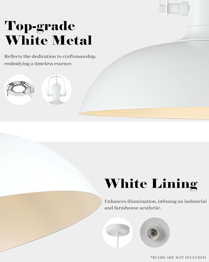 White Pendant Lights Kitchen Island 2 Pack, 13.8 Inch Dome Pendant Light, White Farmhouse Pendant Light, Industrial Pendant Lights for Kitchen Barn Hallway Porch Dining Room