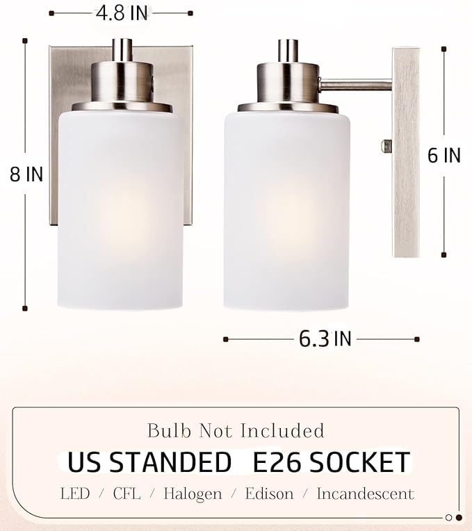2 Pack Modern Bath Vanity Light Fixture 1-Light, Indoor Bathroom Wall Sconces for Living Room, Porch, Bedside, Brushed Nickel Finish with White Frosted Glass Shades Wall Mounted Lights