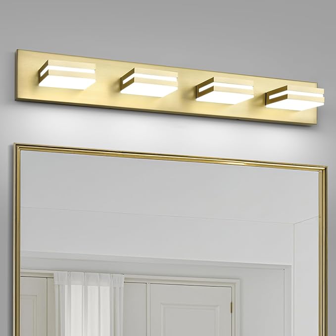 OKELI 4 Light Bathroom Vanity Light Gold Modern 32W LED Dimmable Vanity Light Over Mirror 350° Adjustable Lamp Head Cold White 6000K ETL Listed 30Inch