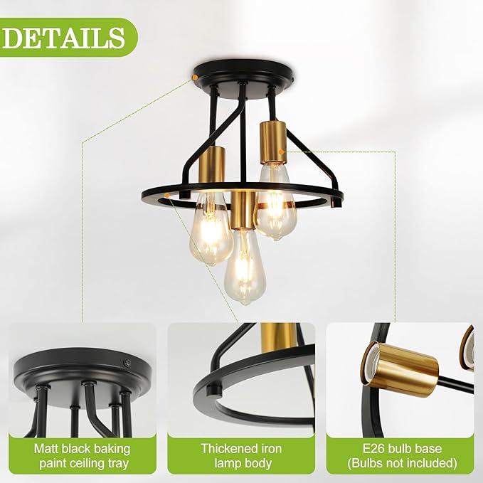 WILON Semi Flush Mount Ceiling Light 3-Light Ceiling Light Fixtures - Industrial Hallway Light Fixtures Black Gold Farmhouse Kitchen Light E26 Socket Ceiling Lamp for Hallway Kitchen Foyer
