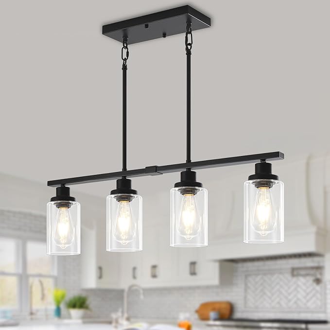 Modern Island Lights for Kitchen Black Dining Room Light Fixtures Over Table 4-Light Farmhouse Linear Chandelier Adjustable Hanging Kitchen Lights Ceiling Clear Glass Pendant Lighting Over Island