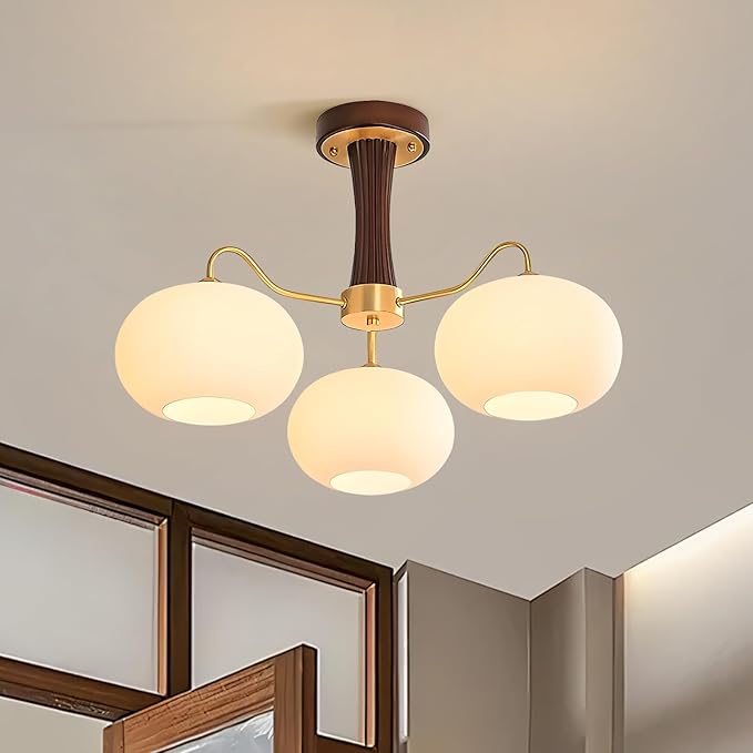 Semi Flush Mount Ceiling Light,3-Light Glass Lampshade Mid Century Ceiling Light Fixture for Bedroom Entryway Loft Kitchen Farmhouse