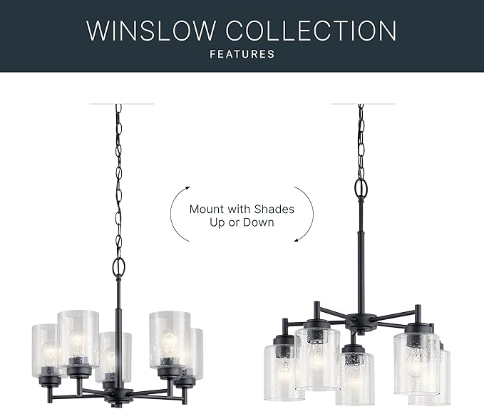 Kichler Winslow 19.75" 5-Light Chandelier Light with Clear Seeded Glass in Black for Kitchen, Bar, Dining Room, Living Room (19.75" x 16.25"), 44030BK