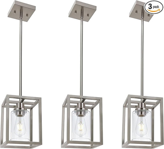 MELUCEE 3-Light Dining Table Light Sloped Ceiling Light Fixture with Clear Glass Shade, Brushed Nickel Pendant Lights Kitchen Island Adjustable Hanging Ceiling Lamp for Hallway Bathroom, 3 Pack