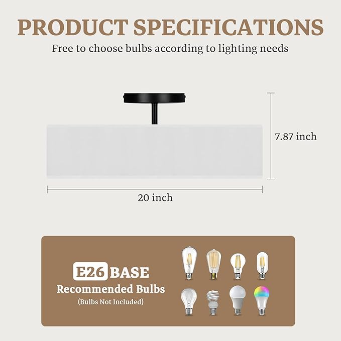 20 Inch Semi Flush Mount Ceiling Lights, Modern Sputnik Chandeliers,4-Light Farmhouse Black and Silver Ceiling Light Fixture with White Fabric Shade, Drum Light Fixtures for Bedroom,Living Room