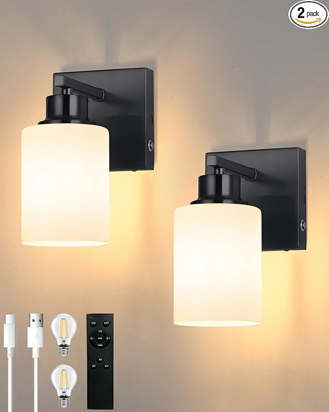Rayogale Battery Operated Wall Sconce Set of 2, Black Rechargeable Wall Lights with Timer Function, Easy Install Dimmable Wireless Wall Lamps for Living Room, Bedroom, Hallway, Entryway Decor 3000K