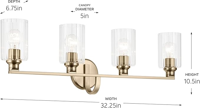 Kichler Gioe 32.25 in 4-Light Bathroom Vanity Light Fixture with Clear Fluted Glass in Champagne Bronze, Damp Rated for Mirror, Powder Room (32.25 in W x 10.5 in H), 55227CPZFLU