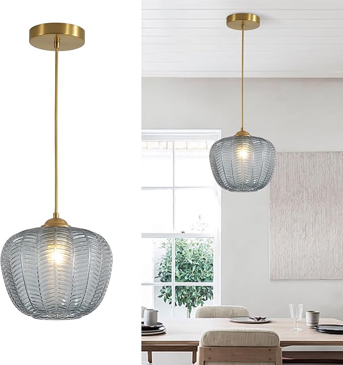 KCO Lighting Mid Century Modern Globe Hanging Light Brushed Gold Pendant Light Fixture Small Smoked Glass Pendant Light Vintage Striped Glass Ceiling Light Brass Kitchen Light Fixtures