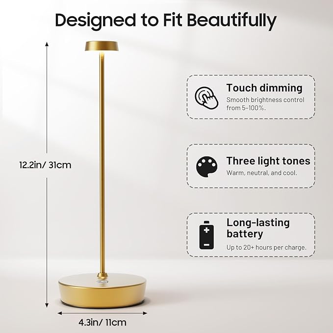Cordless LED Table Lamp，Rechargeable Battery Desk Lamps, 3 Color Stepless Dimmable Metal Battery Table Lamps, Portable Waterproof Table Light for Indoor/Outdoor/Restaurant (2Pack Brass)