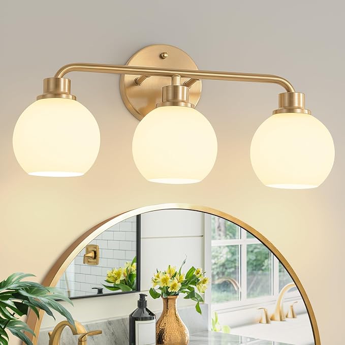 Bathroom Light Fixtures Gold Vanity Light 3 Light Wall Sconces Lighting Brushed Brass Lights with Milk Globe Glass Shades Bath Wall Lamp for Mirror Kitchen Living Room Bedroom Hallway