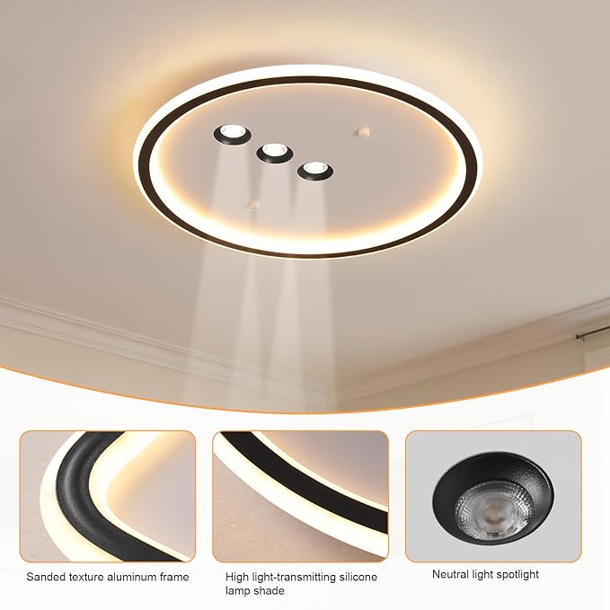 Modern Round LED Flush Mount Ceiling Light with Black Finish & 3 Adjustable Spotlights, Dimmable Soft Glow Ceiling Lighting for Living Room Bedroom Hallway