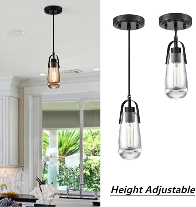 DEYNITE Mini Glass Pendant Light Fixtures Black Hanging Light with Clear Glass for Kitchen Bathroom Dining Table