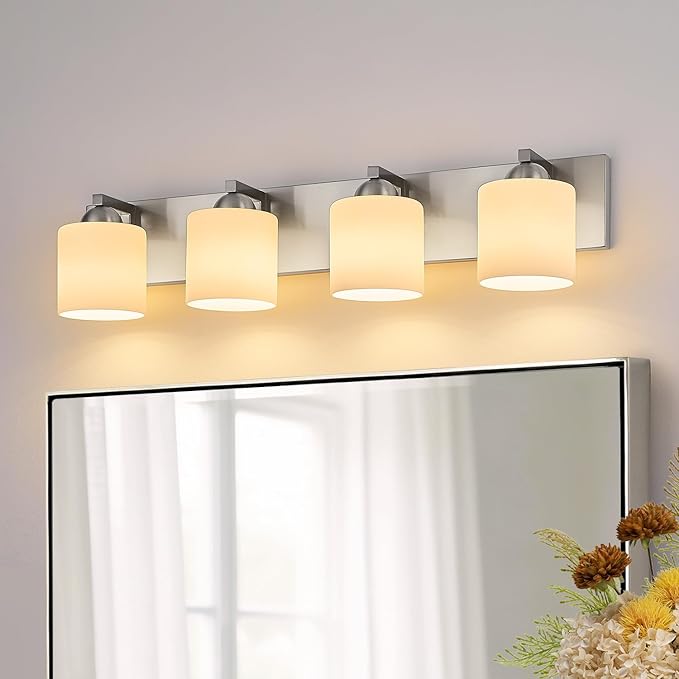 mirrea 30in 4-Light Brushed Nickel Vanity Lights for Bathroom, Vanity Lighting Fixtures with Etched White Glass Shades
