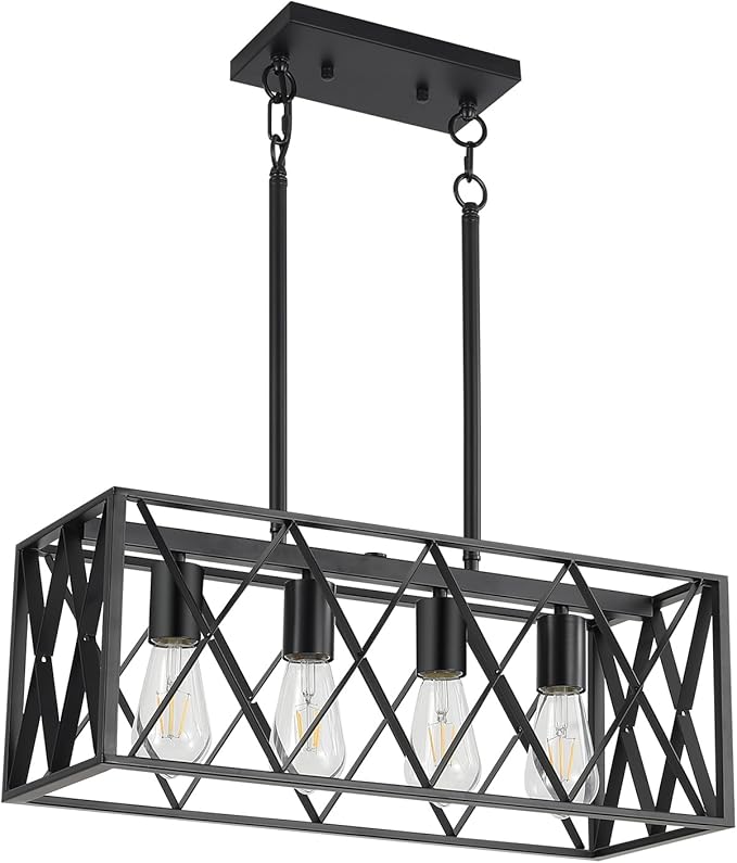 KEESFU Black Farmhouse Kitchen Island Lighting, 4 Lights Pendant Lighting Fixtures, Adjustable Height, Industrial Dining Room Light for Living Room Foyer Dining Table Over Sink.