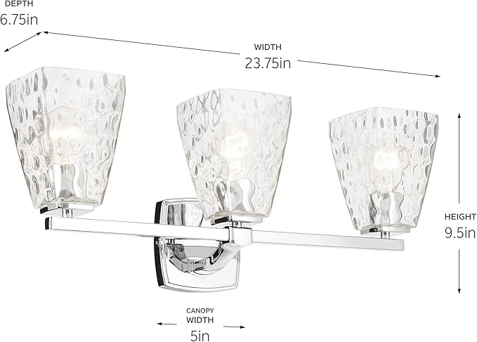 Kichler Marant 21.25" 3-Light Bathroom Vanity Light Fixture with Clear Water Glass in Chrome for Mirror, Modern Wall Mount Lighting (21.25" W x 9.5" H), 55216CHWTR