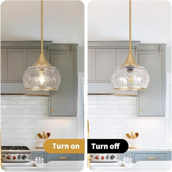 Gold Pendant Light - Modern Pendant Lights Kitchen Island with Handblown Glass, Vintage Hanging Light for Kitchen with Adjustable Height, Lithging Fixture for Dining Room Sink