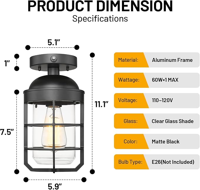 Outdoor Ceiling Lights for Porch with Dusk to Dawn Sensor, Black Outdoor Semi Flush Mount Ceiling Light Fixture with Clear Glass for Front Porch Entryway Patio
