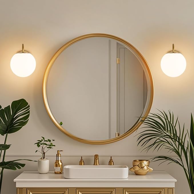 Vintage Bathroom Vanity Light Fixtures Over Mirror, Brushed Gold Vanity Lights For Bathroom With Milk White Glass Globe Shade, Wall Sconces For Bedroom, Hallway, Dressing Table(Includ G9 Bulb)