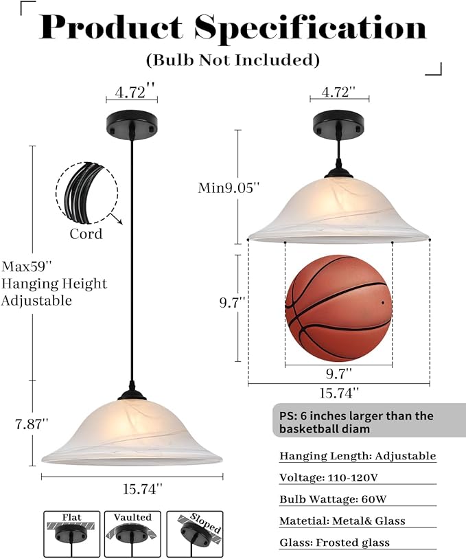 Oversized Black Pendant Lights Kitchen Island, Glass Pendant Light with Frosted, 16 Inch Island Pendant Light 1 Pack, Industrial Farmhouse Pendant Light for Kitchen Island, Dining Room, Bar