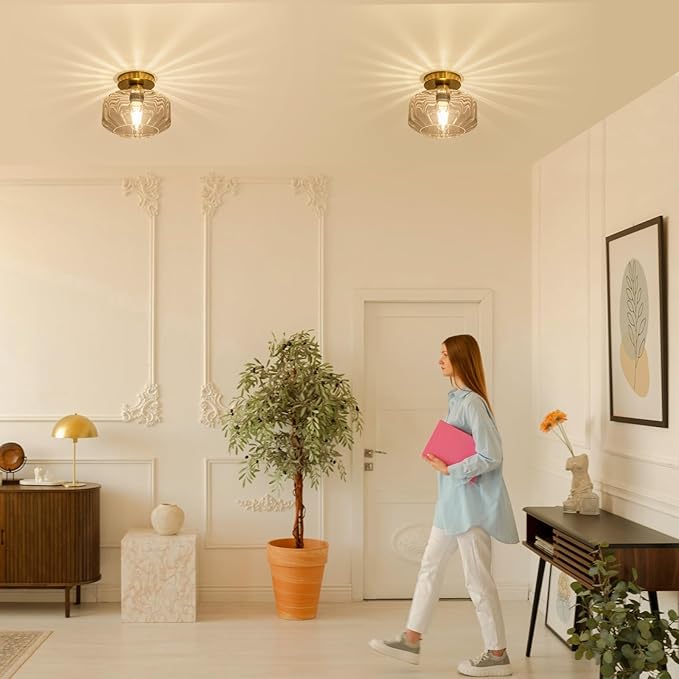 Tbaoinal Semi Flush Mount Ceiling Light with Diamond Glass Shade, 36-Faceted Panels Create Starburst Effect, 1200LM LED Bulb Included Brushed Gold Finish Ideal for Hallway Entryway Kitchen Bathroom