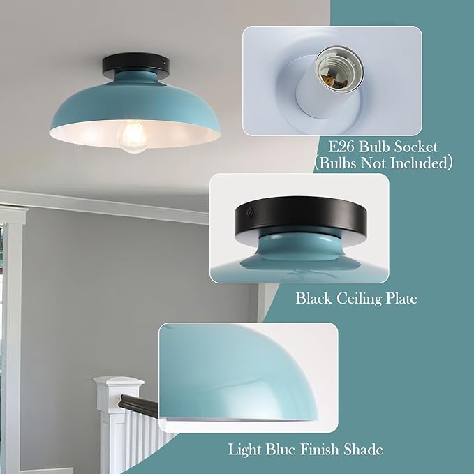 2 Pack Semi Flush Mount Ceiling Lights, 12 Inch Metal Small Ceiling Lights for Kids Room Close to Ceiling Light Fixtures with Light Blue Shade for Hallway Entryway Kitchen Bedroom Bathroom Laundry