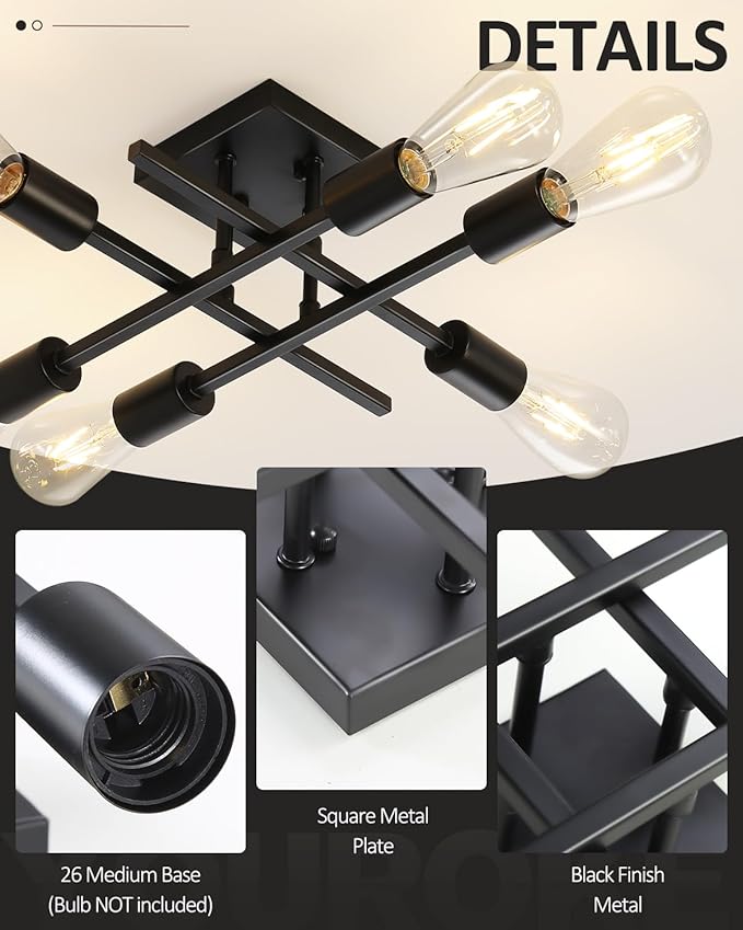 6-Light Semi Flush Mount Ceiling Light Fixture, 2 Pack Modern Black Sputnik Chandelier Lighting, Farmhouse E26 Stock Ceiling Lamp Kitchen Bedroom Living Room Entryway, Bulbs Not Included