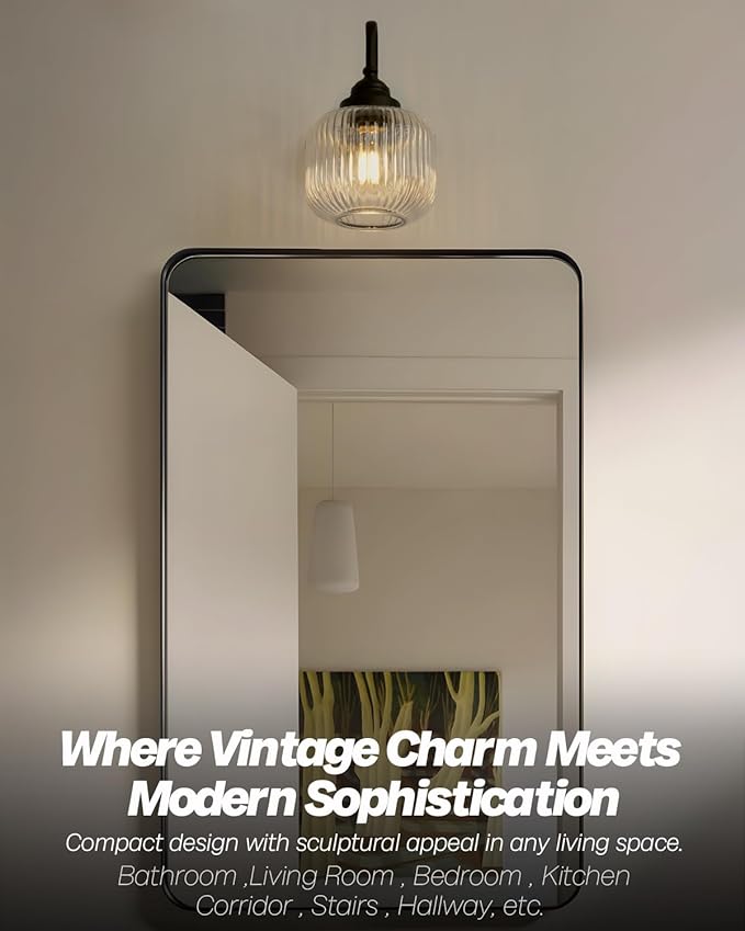 Vintage Industrial Wall Sconce Lighting with Clear Striped Glass Shade, Hardwired Wall Vanity Light Fixture for Bathroom Kitchen Living Room Bedroom Hallway