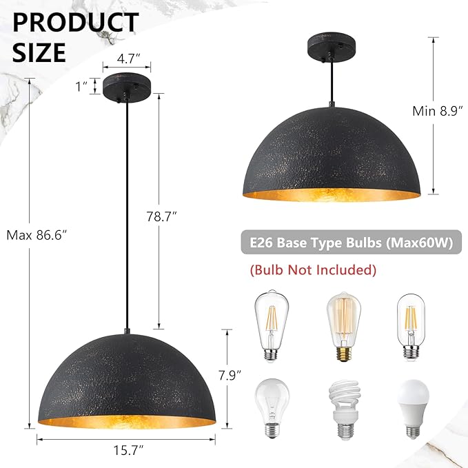 15.7" Farmhouse Pendant Light,Black with Gold Grain Industrial Large Dome Light Fixture,Adjustable Vintage Chandelier for Kitchen Island,Dining Room,and Bedroom