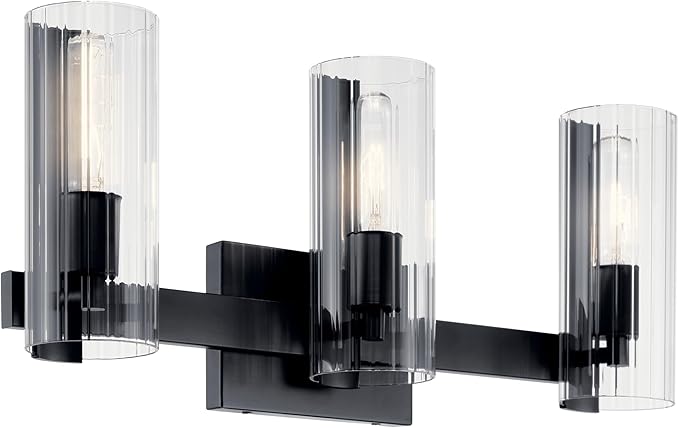 Kichler Jemsa 3-Light Bathroom Vanity Light Fixture, Modern Wall Mount Light with Clear Fluted Glass in Black for Bathroom or Powder Room (9.75" x 22.75"), 55168BK