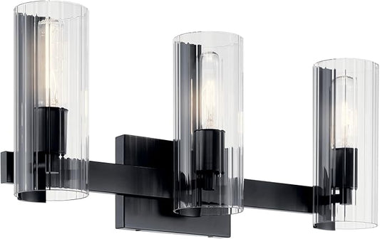Kichler Jemsa 3-Light Bathroom Vanity Light Fixture, Modern Wall Mount Light with Clear Fluted Glass in Black for Bathroom or Powder Room (9.75" x 22.75"), 55168BK