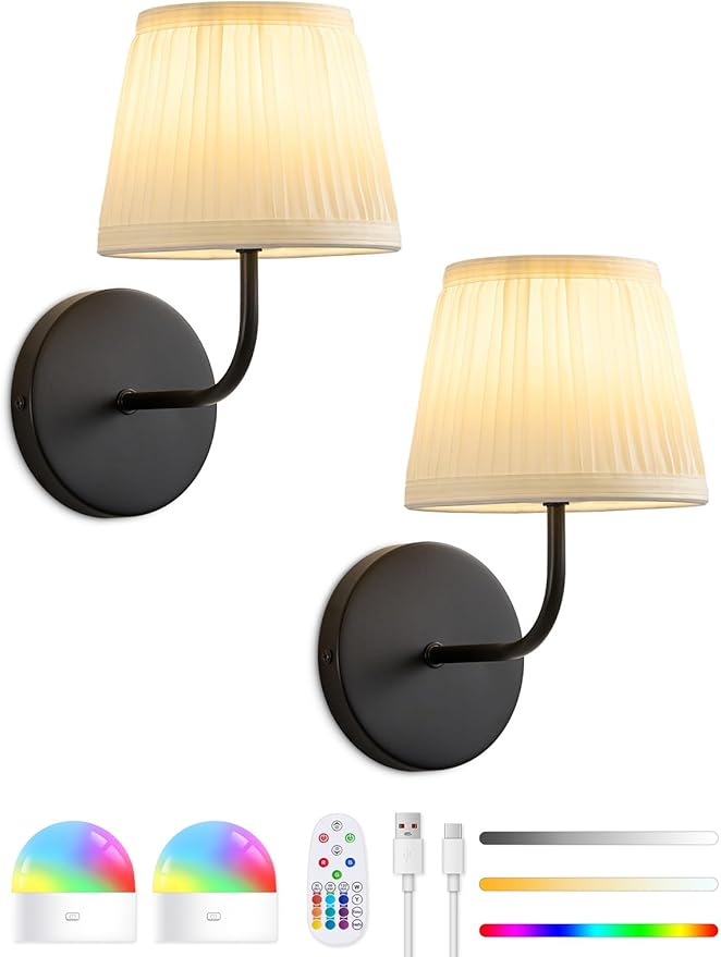 Rechargeable Wall Sconces Set of 2 - Vintage Black Cordless Battery Operated Fabric Sconce - Wireless Dimmable Led Bulb Wall Lights With Remote for Bedroom Bedside Living Room Stairway Hallway Porch