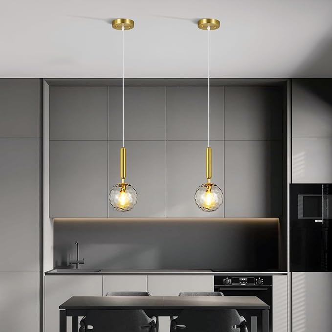 Modern Gold Pendant Light Hanging Fixture Light for Kitchen Island Mid Century with Globe Pendant Light Clear Glass Pendant Lighting for Living Room Bedroom Entryway (2 Pack)