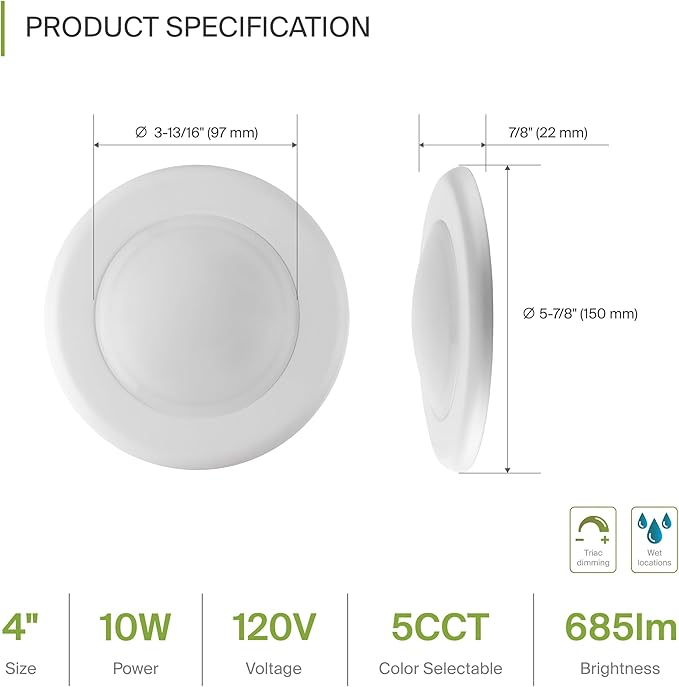 ASD 1 Pack LED Disk Lights 4 Inch, 10W 5CCT 2700K-5000K 685LM CRI90+, Dimmable Flush Mount Ceiling Light Fixture, Low Profile Surface Mount Disc Lights, Junction Box or Recessed Can Install, UL
