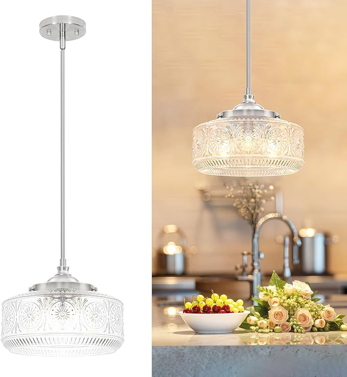 Vintage 3 Lights Drum Pendant Lights Kitchen Island with Etched Glass Shade, Adjustable Height Brushed Nickel Pendant Light for Kitchen Island, Dining Room,Bedroom,Hallway, E12 Base,Bulbs Not Included