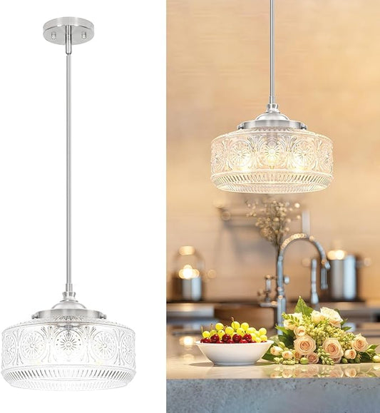 Vintage 3 Lights Drum Pendant Lights Kitchen Island with Etched Glass Shade, Adjustable Height Brushed Nickel Pendant Light for Kitchen Island, Dining Room,Bedroom,Hallway, E12 Base,Bulbs Not Included