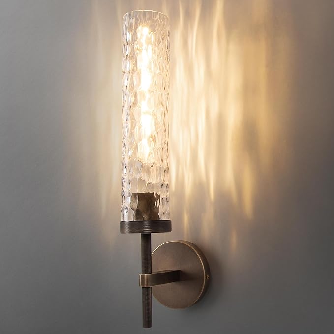 Bronze Wall Sconces Set, 19.5" Brushed Brass Knurled Bathroom Wall Sconces with Water Ripple Glass Shade, Dimmable Indoor Vanity Wall Light Fixtures for Living Room Hallway Bedroom Staircase